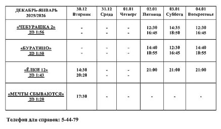Афиша Кино 30 декабря - 04 января